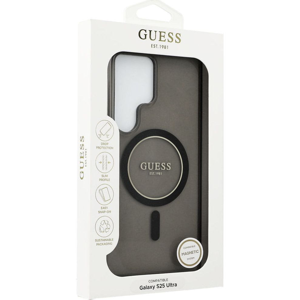 Etui Guess Glitter Circle Classic Logo do MagSafe do Samsung Galaxy S25 Ultra, czarne